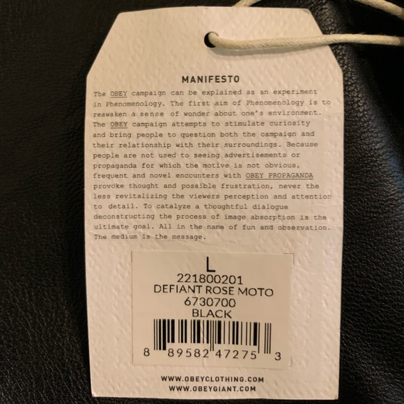 NWT Obey Size Large Black Defiant Rose Motto Jacket - Picture 9 of 11